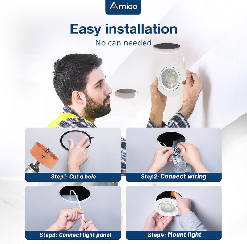 Amico 6 Pack 4 Inch 5CCT Gimbal LED Recessed Lighting, 360°&90° Adjustable Eyeball Directional Downlight, Dimmable, 2700K/3000K/3500K/4000K/5000K Selectable, CRI90+ 9W 700LM, ETL&FCC - Image 5